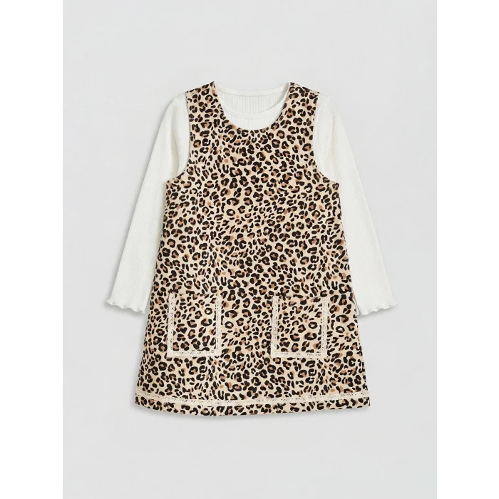 LCW Kids Bej Leopar Desenli Kız Çocuk Salopet Elbise ve Tişört