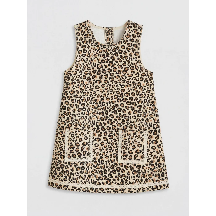 LCW Kids Bej Leopar Desenli Kız Çocuk Salopet Elbise ve Tişört