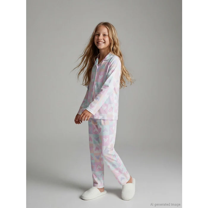 LCW Kids Beyaz Gömlek Yaka Kız Çocuk Pijama Takımı