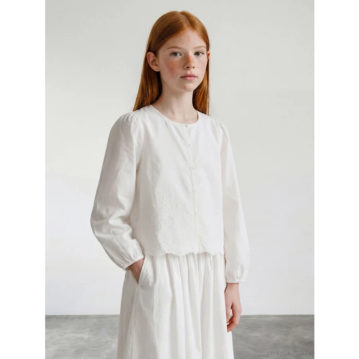 LCW Girls Studio Ekru Brode İşlemeli Balon Kollu Kız Çocuk Gömlek