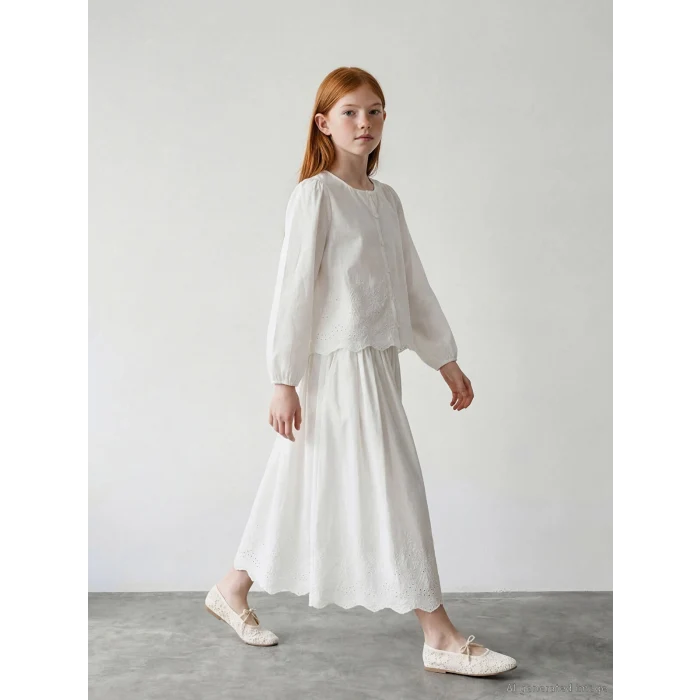 LCW Girls Studio Ekru Brode İşlemeli Balon Kollu Kız Çocuk Gömlek