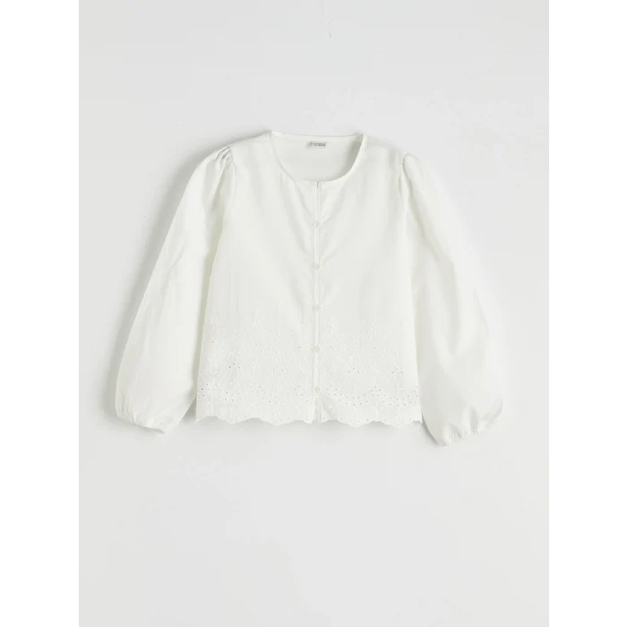 LCW Girls Studio Ekru Brode İşlemeli Balon Kollu Kız Çocuk Gömlek