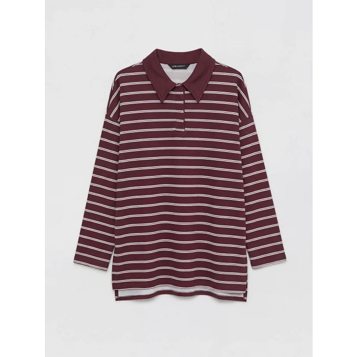 LCW Modest Mürdüm Polo Yaka Çizgili Kadın Sweatshirt Tunik