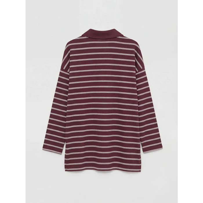 LCW Modest Mürdüm Polo Yaka Çizgili Kadın Sweatshirt Tunik