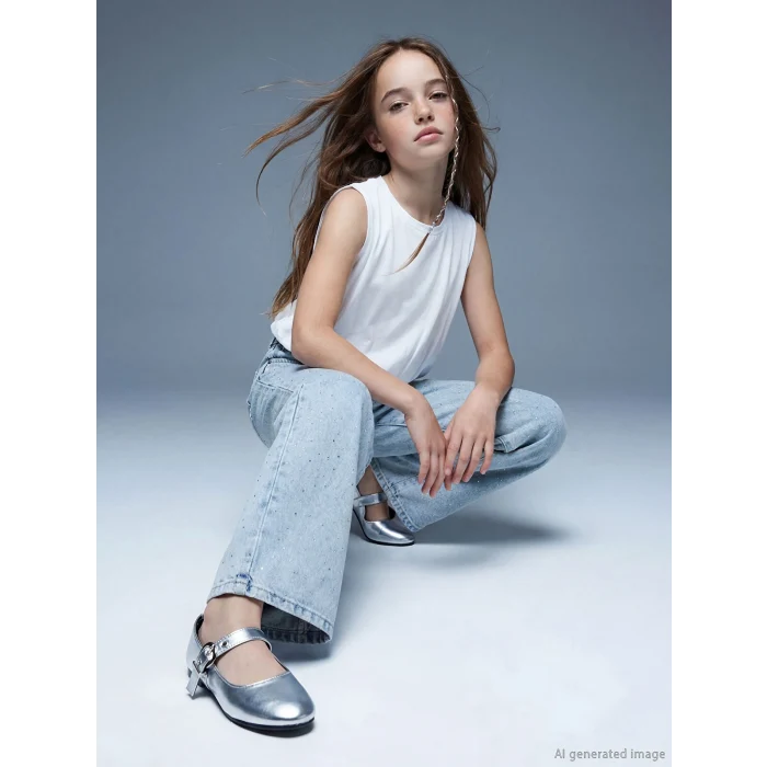 LCW Kids Mavi Wideleg Taşlı Kız Çocuk Jean Pantolon