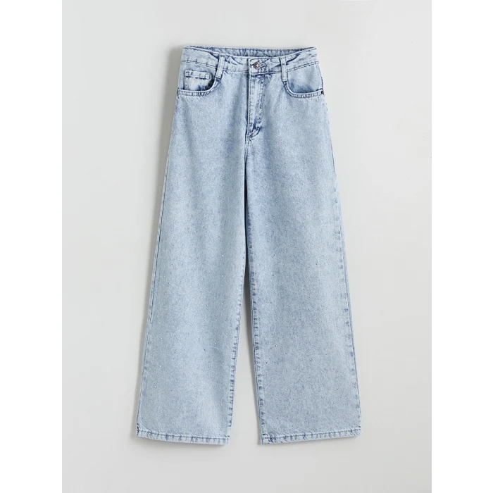 LCW Kids Mavi Wideleg Taşlı Kız Çocuk Jean Pantolon