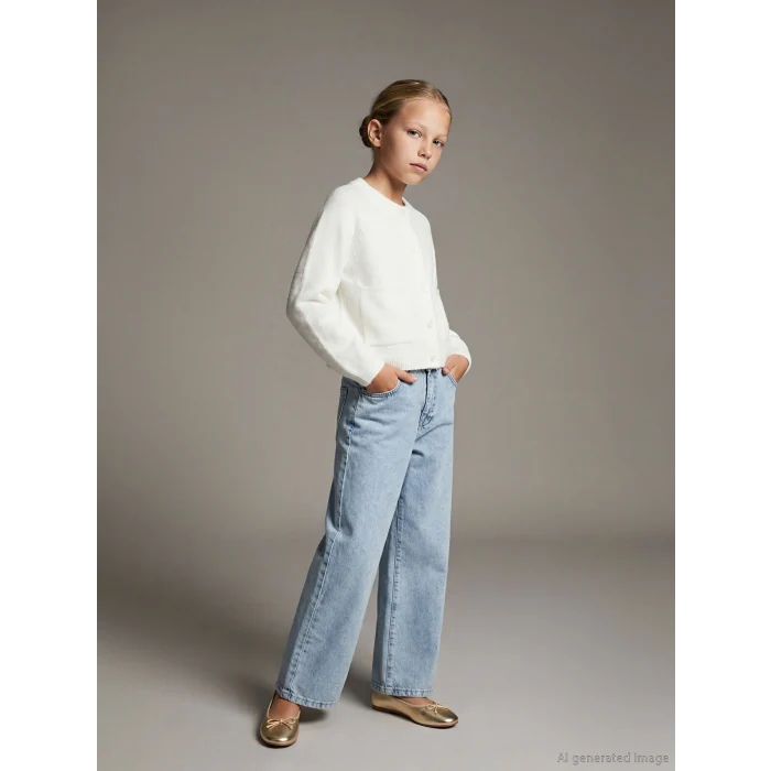 LCW Kids Mavi Wideleg Taşlı Kız Çocuk Jean Pantolon