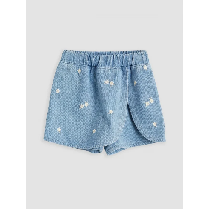 LCW baby İndigo Kız Bebek Çiçek Nakışlı Jean Şort Etek