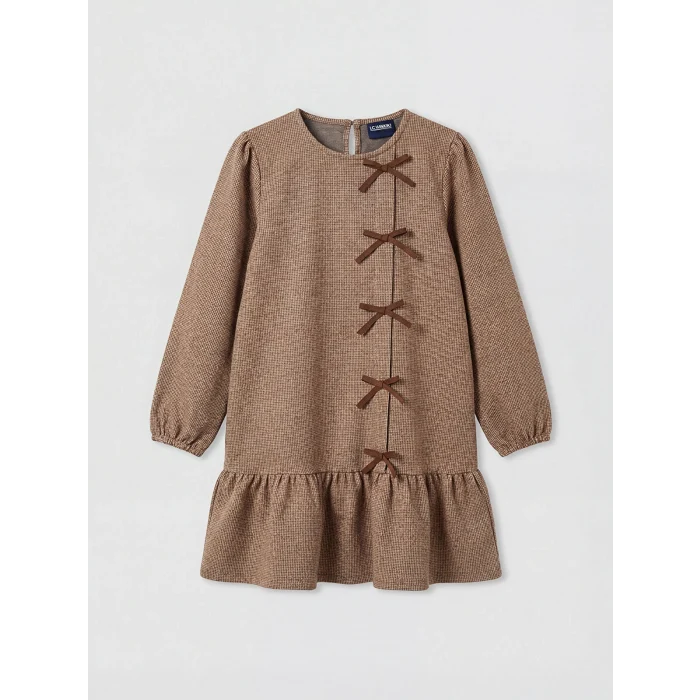 LCW Kids Kahverengi Bisiklet Yaka Ekose Fiyonk Detaylı Kız Çocuk Elbise
