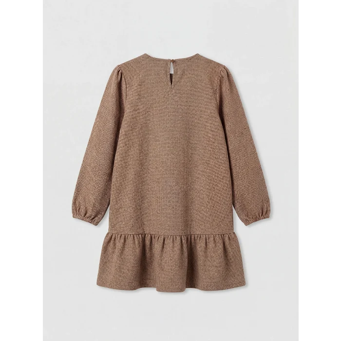 LCW Kids Kahverengi Bisiklet Yaka Ekose Fiyonk Detaylı Kız Çocuk Elbise