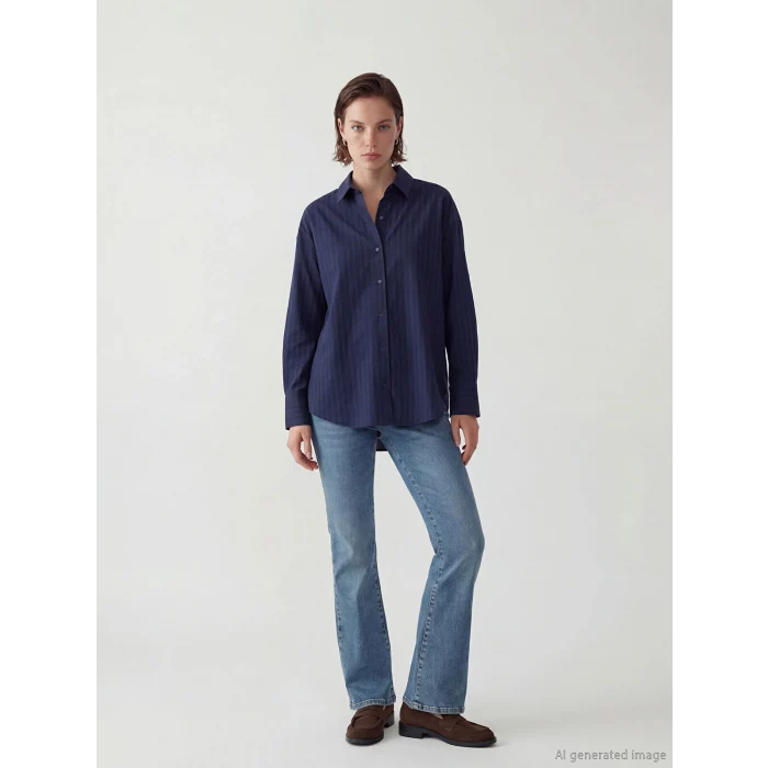 LCW Vision Lacivert Çizgili Oversize Kadın Gömlek