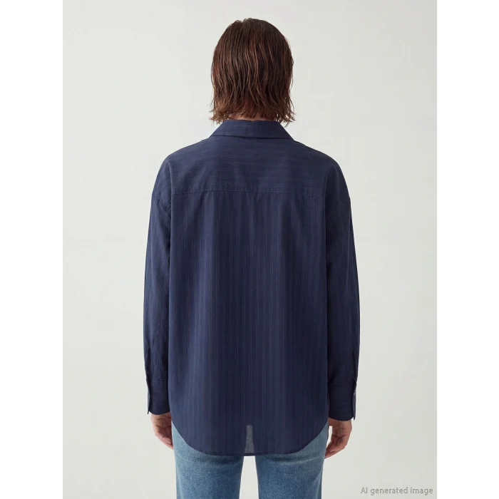 LCW Vision Lacivert Çizgili Oversize Kadın Gömlek