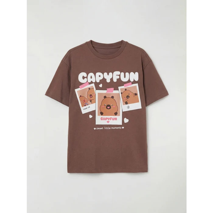 LCW Kids Kahverengi Bisiklet Yaka Capyfun Baskılı Kız Çocuk Tişört