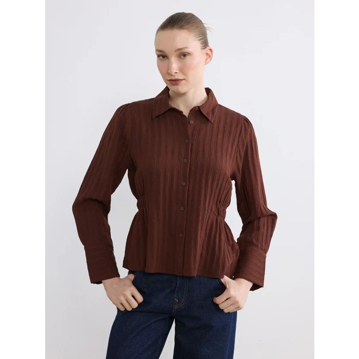 LCWAIKIKI Classic Kahverengi Çizgili Büzgülü Kadın Gömlek