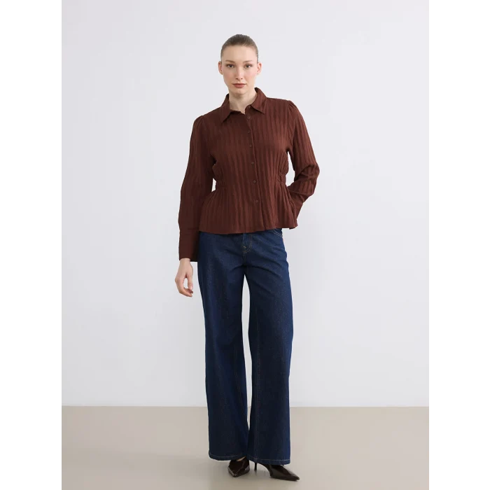 LCWAIKIKI Classic Kahverengi Çizgili Büzgülü Kadın Gömlek