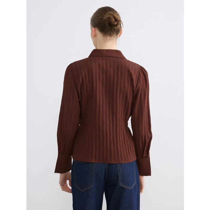 LCWAIKIKI Classic Kahverengi Çizgili Büzgülü Kadın Gömlek