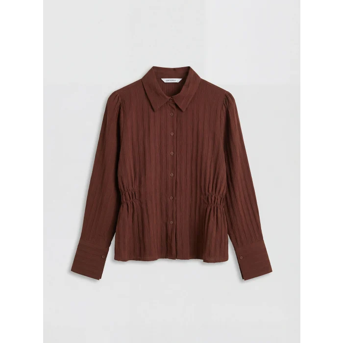 LCWAIKIKI Classic Kahverengi Çizgili Büzgülü Kadın Gömlek