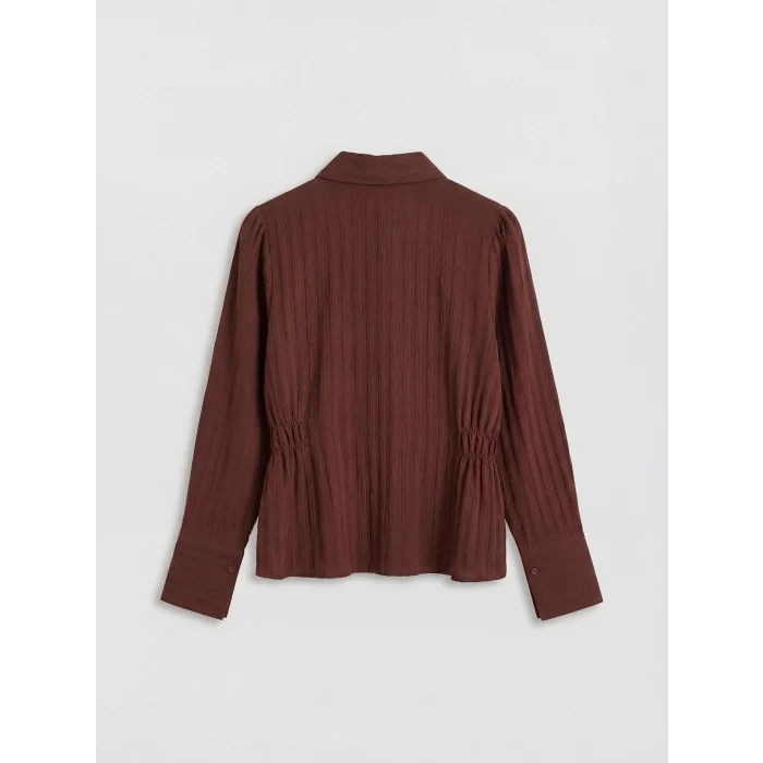 LCWAIKIKI Classic Kahverengi Çizgili Büzgülü Kadın Gömlek