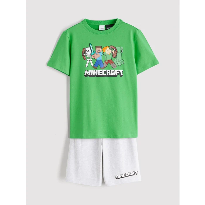 LCW Kids Yeşil Minecraft Baskılı Erkek Çocuk Şortlu Pijama Takımı