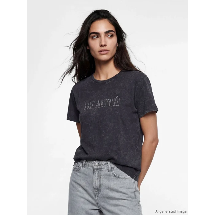 LCW Vision Antrasit Bisiklet Yaka Taş Baskılı Kadın Tişört