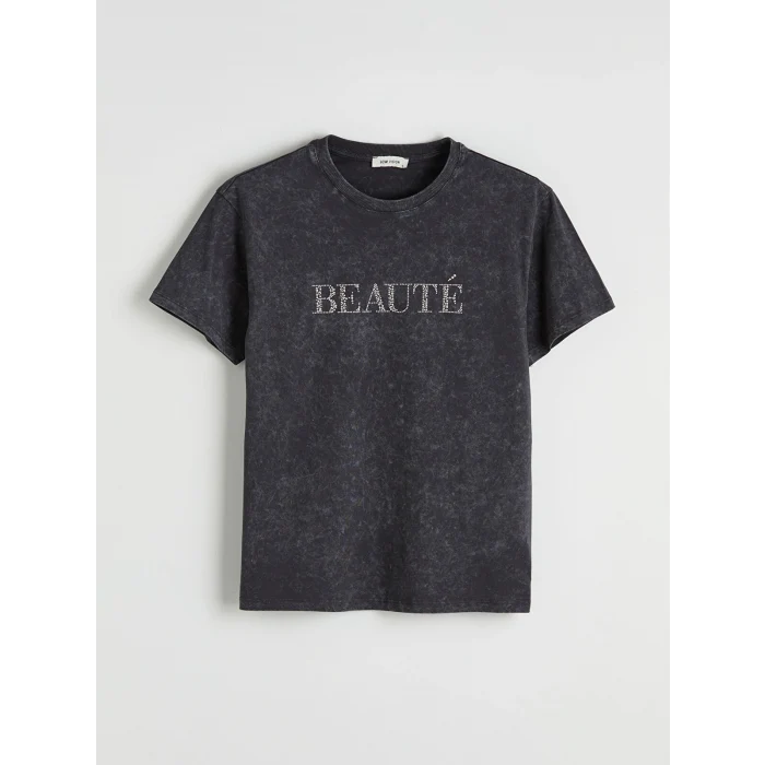 LCW Vision Antrasit Bisiklet Yaka Taş Baskılı Kadın Tişört