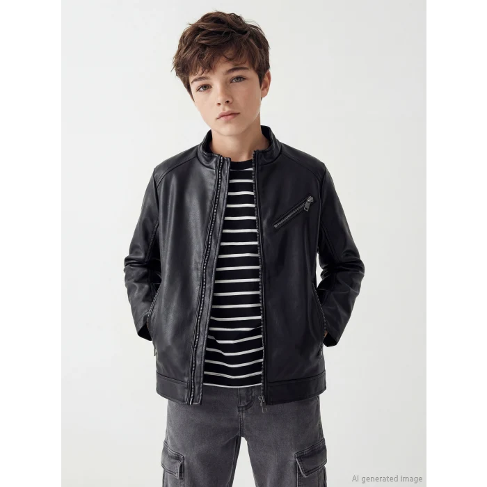LCW Kids Siyah Deri Görünümlü Erkek Çocuk Mont