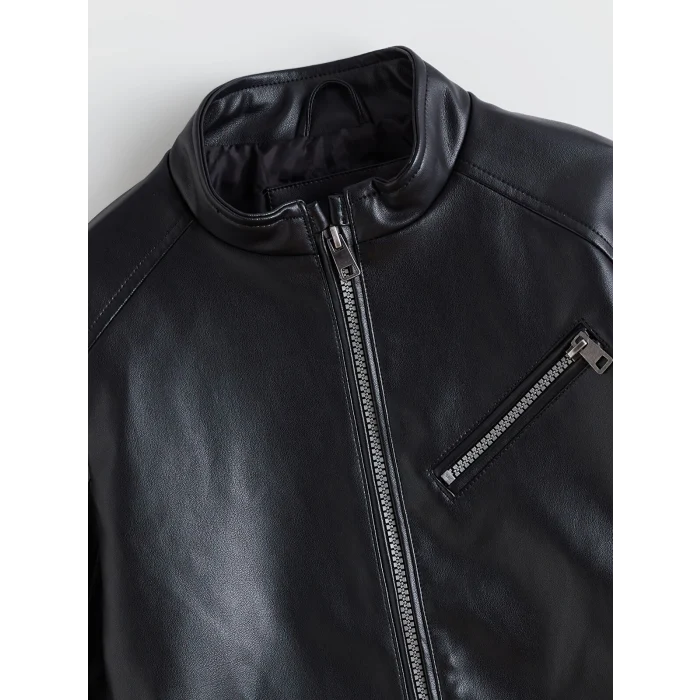 LCW Kids Siyah Deri Görünümlü Erkek Çocuk Mont