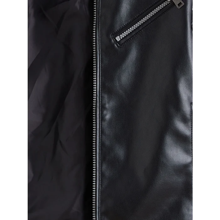 LCW Kids Siyah Deri Görünümlü Erkek Çocuk Mont