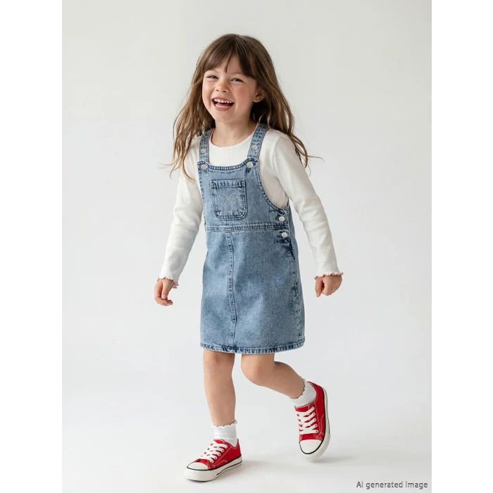 LCW Kids İndigo Fiyonk ve Taşlı Kız Çocuk Jean Salopet Elbise