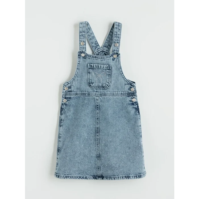 LCW Kids İndigo Fiyonk ve Taşlı Kız Çocuk Jean Salopet Elbise