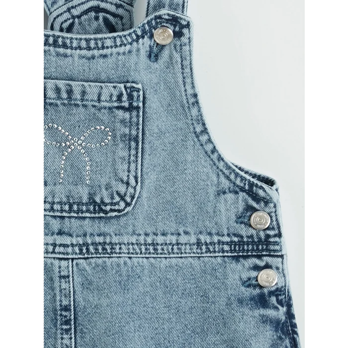 LCW Kids İndigo Fiyonk ve Taşlı Kız Çocuk Jean Salopet Elbise