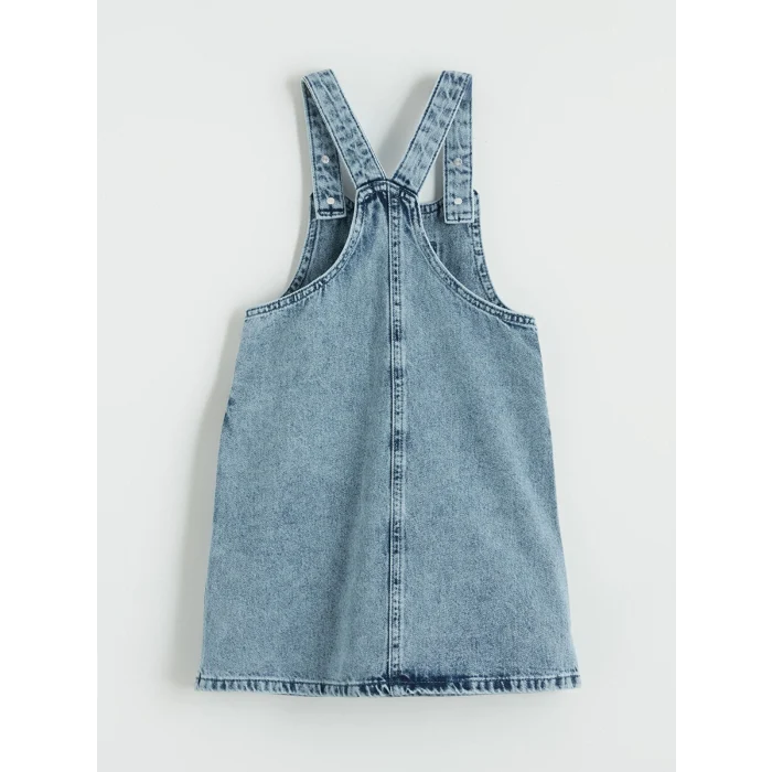 LCW Kids İndigo Fiyonk ve Taşlı Kız Çocuk Jean Salopet Elbise