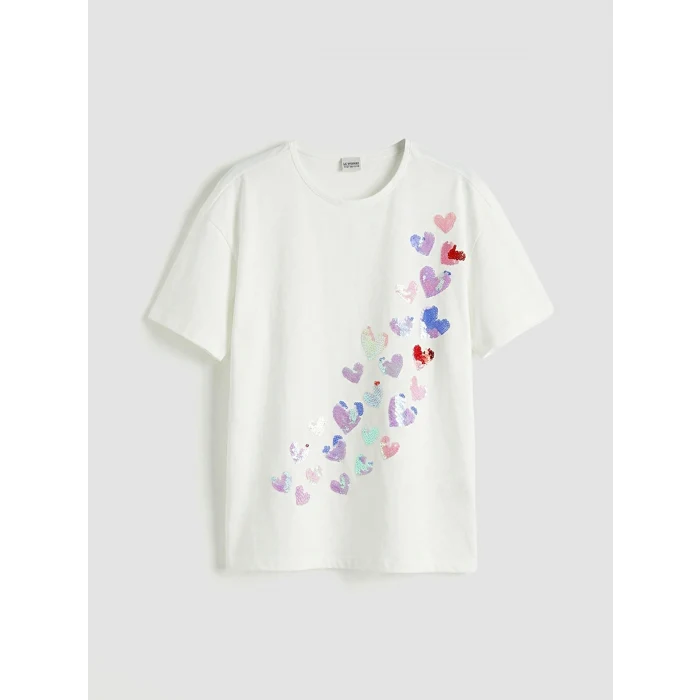 LCW Kids Ekru Çift Yönlü Payetli Kalp Desenli Kız Çocuk Tişört