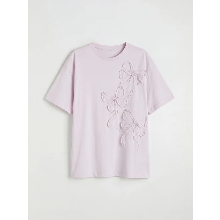 LCW Kids Lila Bisiklet Yaka Fiyonk Nakışlı Kız Çocuk Tişört