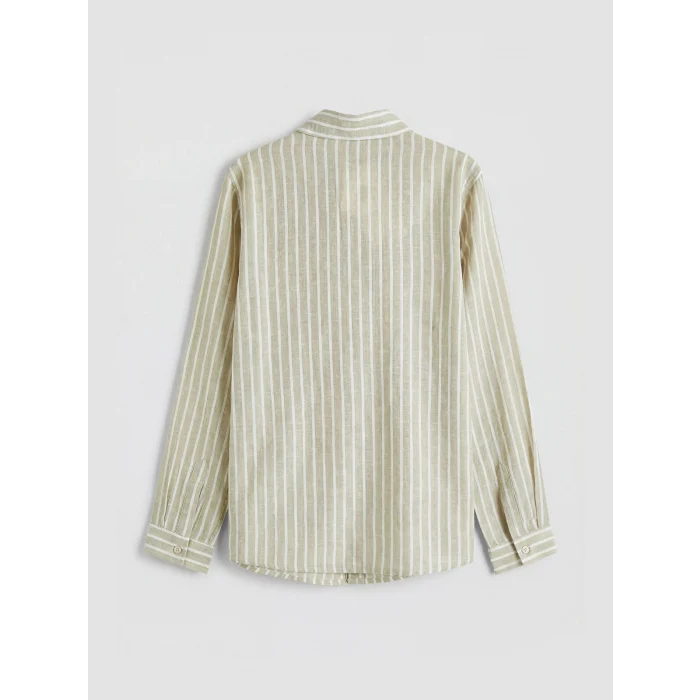 LCW Kids Haki Çizgili Keten Karışımlı Erkek Çocuk Gömlek