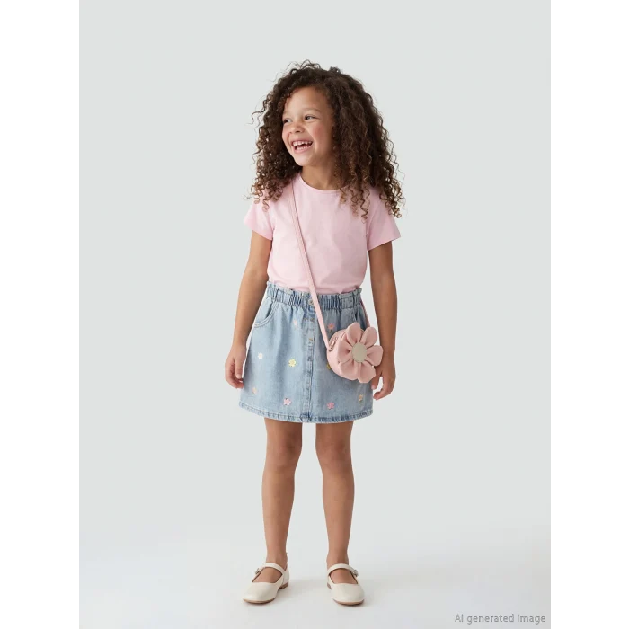 LCW Kids İndigo Çiçek Nakışlı Beli Lastikli Kız Çocuk Jean Etek