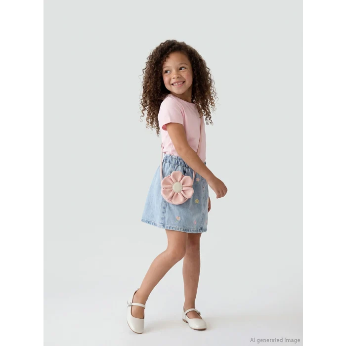 LCW Kids İndigo Çiçek Nakışlı Beli Lastikli Kız Çocuk Jean Etek