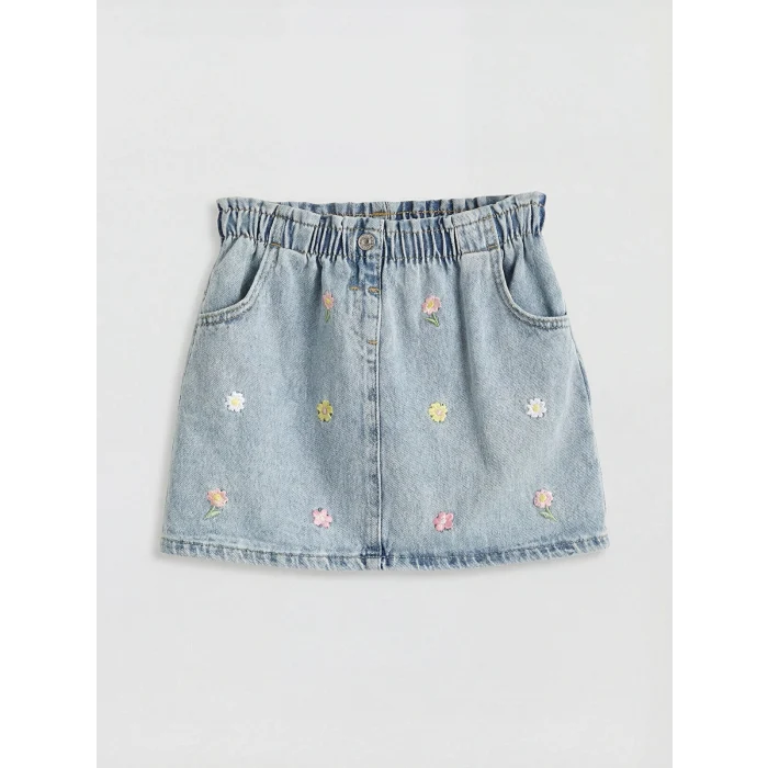 LCW Kids İndigo Çiçek Nakışlı Beli Lastikli Kız Çocuk Jean Etek