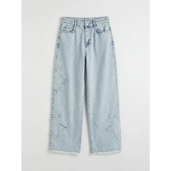 LCW Kids Mavi Wideleg Nakışlı Kız Çocuk Jean Pantolon