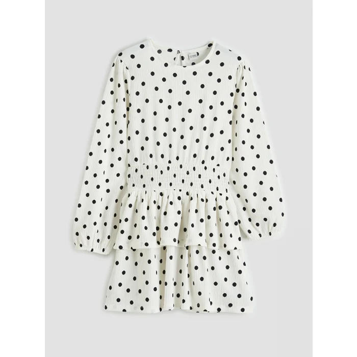 LCW Kids Ekru Bisiklet Yaka Puantiyeli Kız Çocuk Elbise