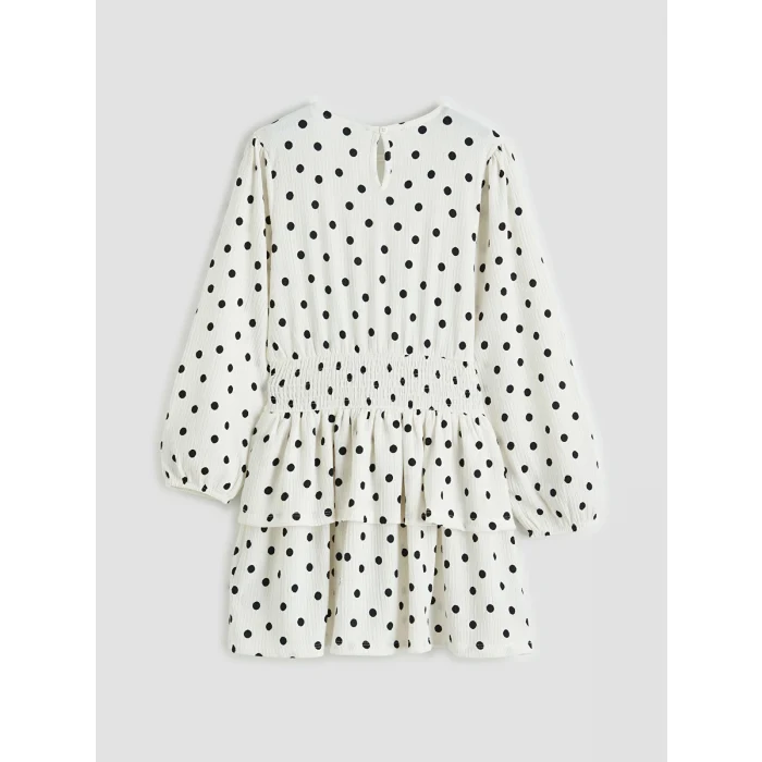 LCW Kids Ekru Bisiklet Yaka Puantiyeli Kız Çocuk Elbise