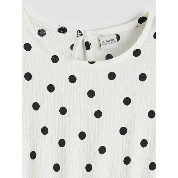 LCW Kids Ekru Bisiklet Yaka Puantiyeli Kız Çocuk Elbise
