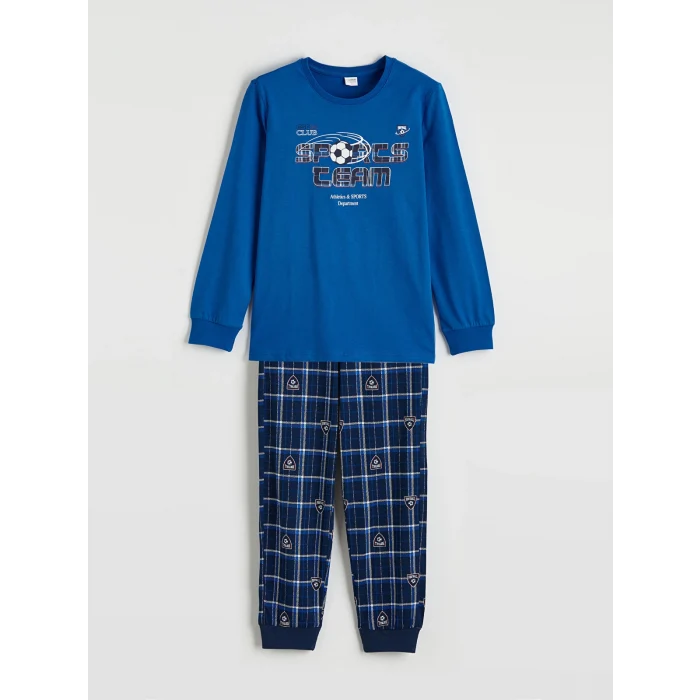 LCW Kids Mavi Baskılı Bisiklet Yaka Erkek Çocuk Pijama Takımı