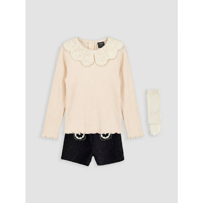 LCW Kids Bej Bebe Yaka Kız Çocuk Bluz Şort ve Külotlu Çorap