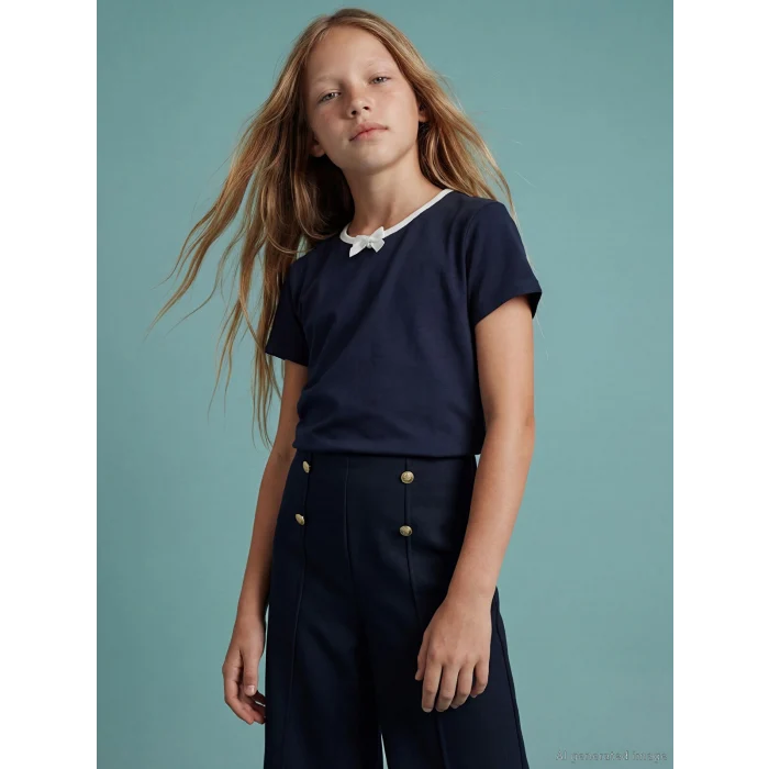 LCW Kids Lacivert Bisiklet Yaka Fiyonk Detaylı Kız Çocuk Tişört