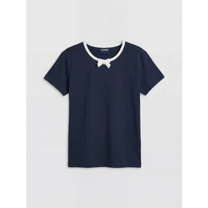 LCW Kids Lacivert Bisiklet Yaka Fiyonk Detaylı Kız Çocuk Tişört