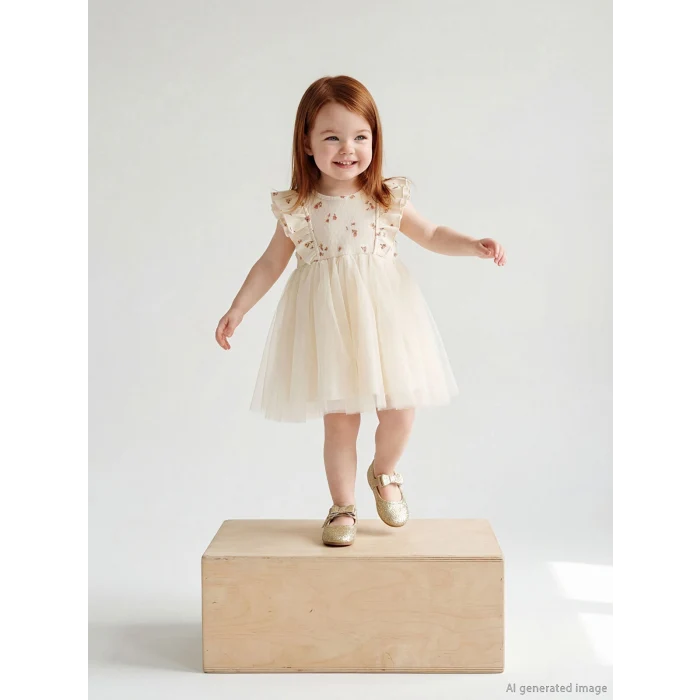 LCW baby Ekru Çiçekli Fırfırlı Kız Bebek Tütü Elbise