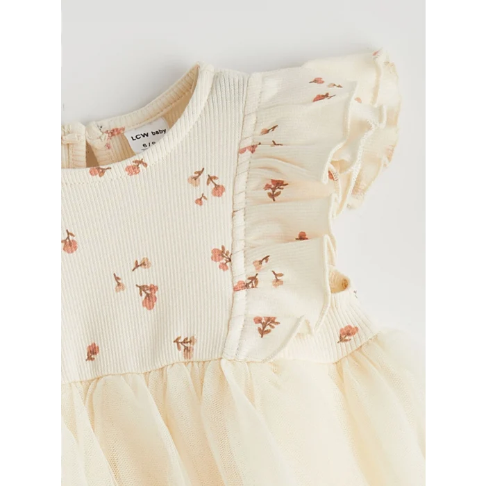 LCW baby Ekru Çiçekli Fırfırlı Kız Bebek Tütü Elbise