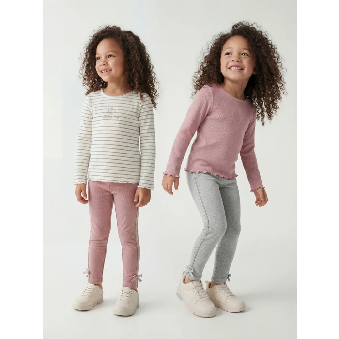 LCW Kids Pembe Simli Fiyonk Detaylı Kız Çocuk Fitilli Tayt 2li