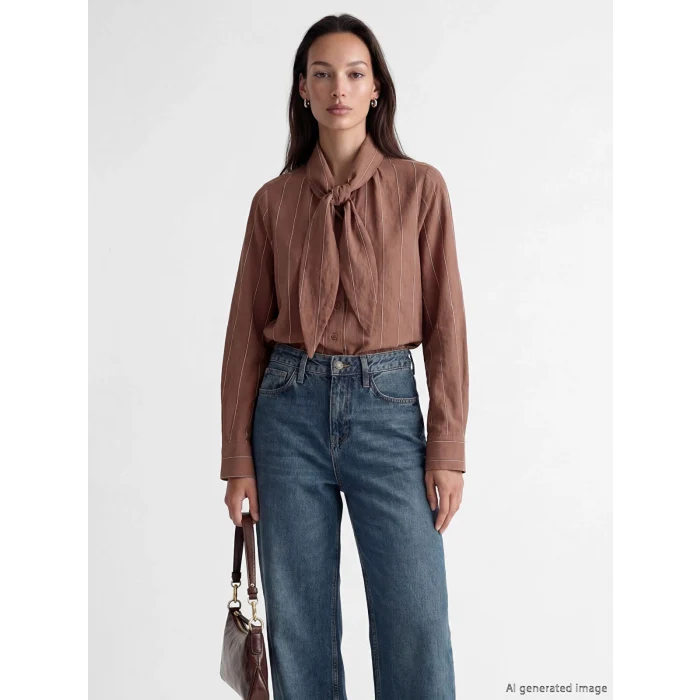 LCWAIKIKI Classic Kahverengi Fular Yakalı Çizgili Kadın Gömlek Tunik